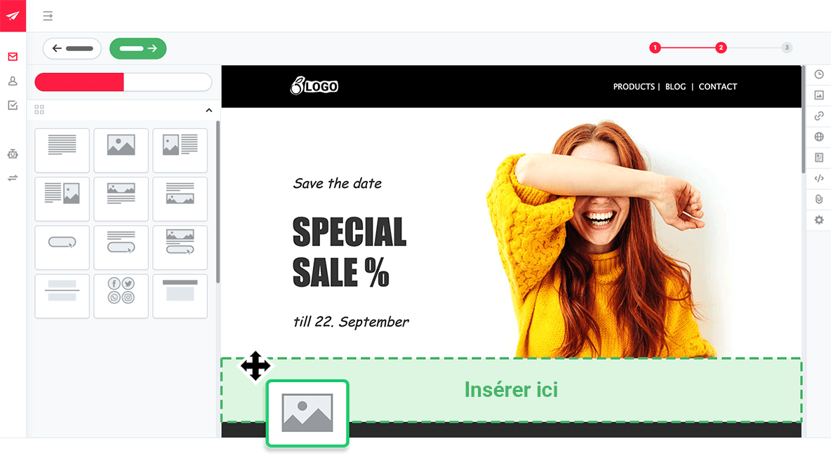 Editeur de newsletter drag-and-drop de rapidmail pour une conception intuitive de vos campagnes emails.